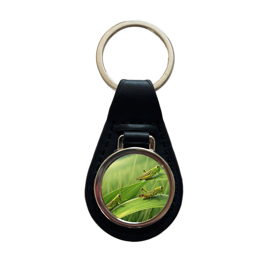 Grasshoppers On Grass Black Leather Metal Keychain
