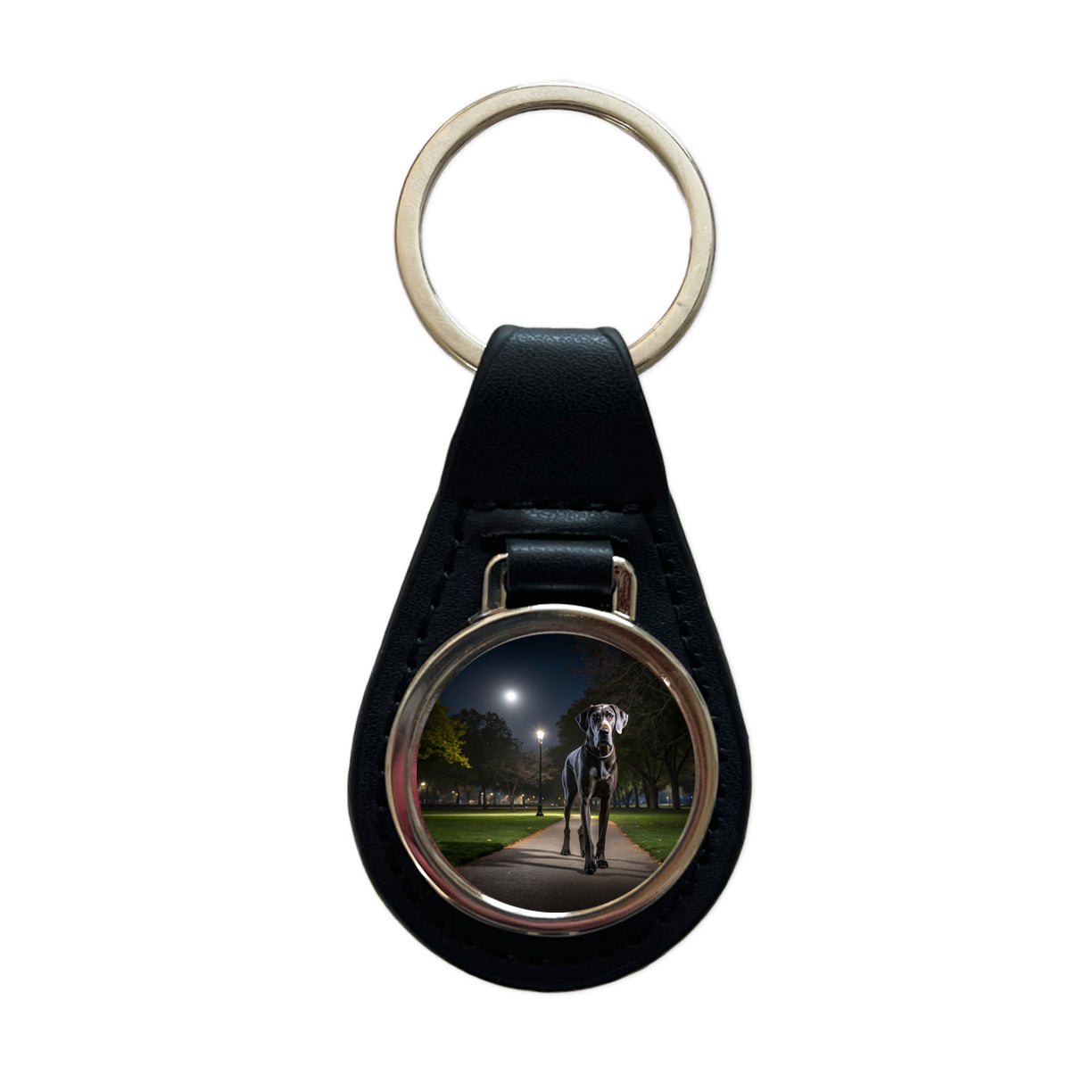 Great Dane In Park At Night Black Leather Metal Keychain