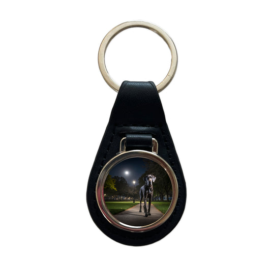 Great Dane In Park At Night Black Leather Metal Keychain