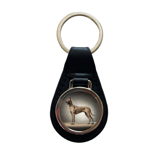 Great Dane Standing Photo Black Leather Metal Keychain