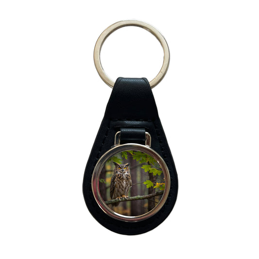 Great Horned Owl In Forest Black Leather Metal Keychain