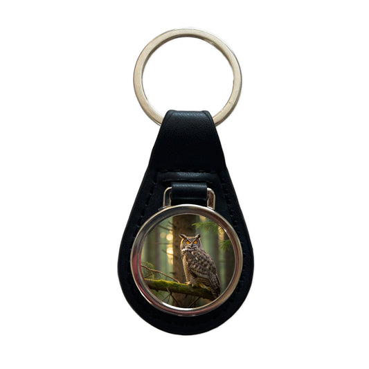 Great Horned Owl On Branch Black Leather Metal Keychain