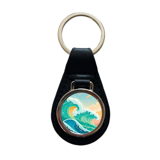 Groovy Ocean Waves Colorful Black Leather Metal Keychain
