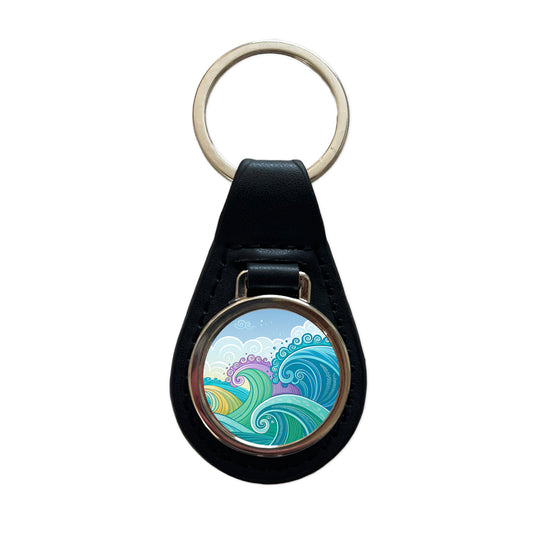 Groovy Ocean Waves Black Leather Metal Keychain