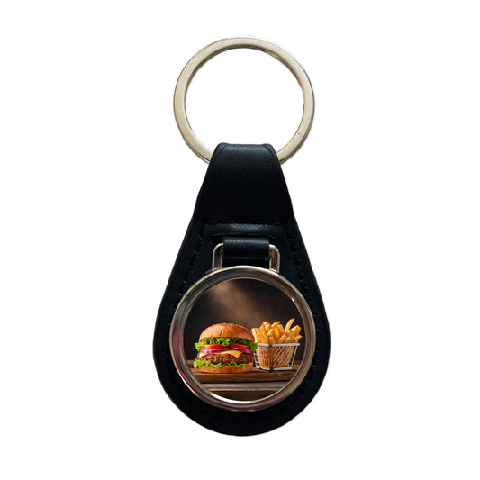 Hamburger And Fries Yummy Dinner Black Leather Metal Keychain