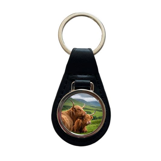 Highland Cows Hug Love Black Leather Metal Keychain