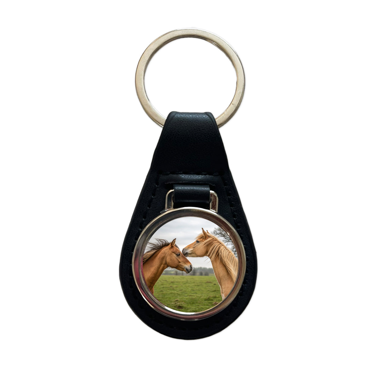 Horses Love Friends Black Leather Metal Keychain