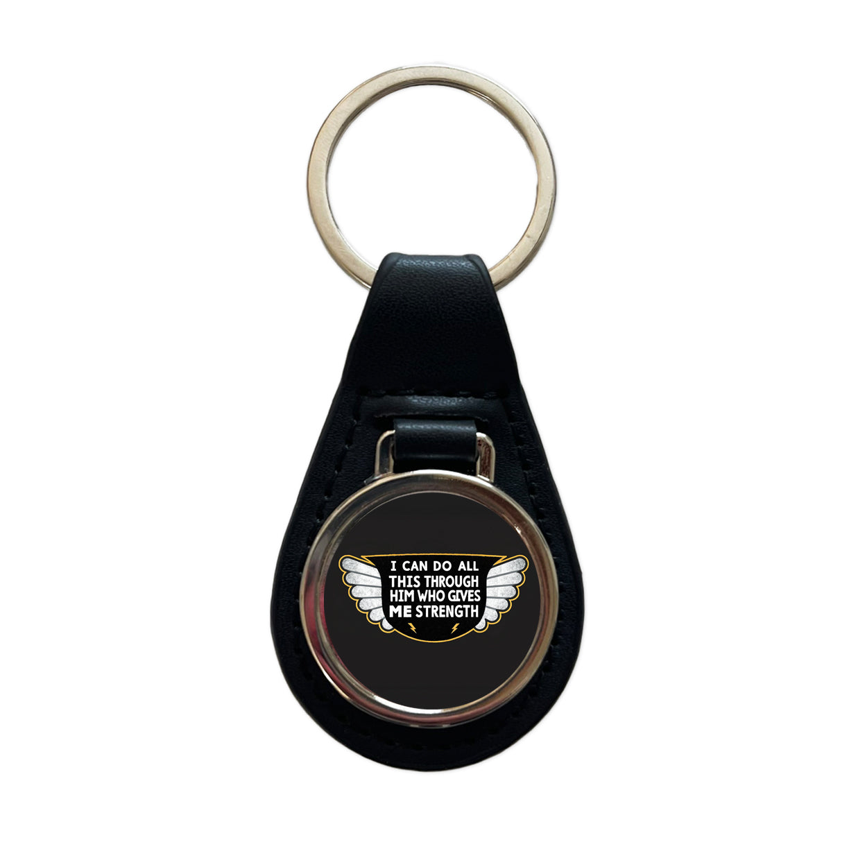 I Can Do All This Through Him Who Gives Me Strength Bible Verse Black Leather Metal Keychain