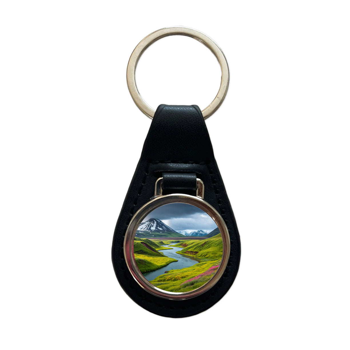 Iceland Beautiful Mountains Black Leather Metal Keychain