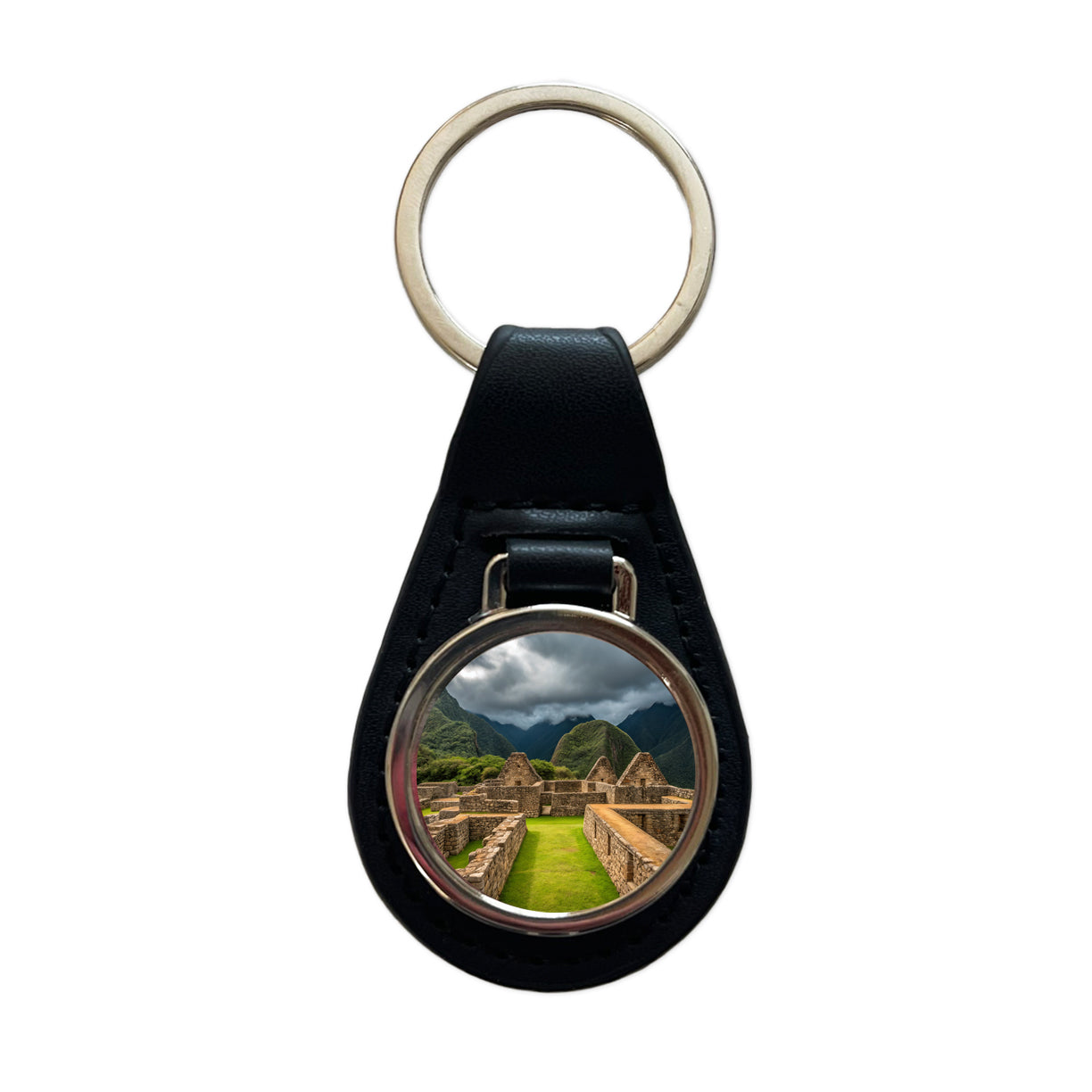 Incan Ruins Landmark Black Leather Metal Keychain