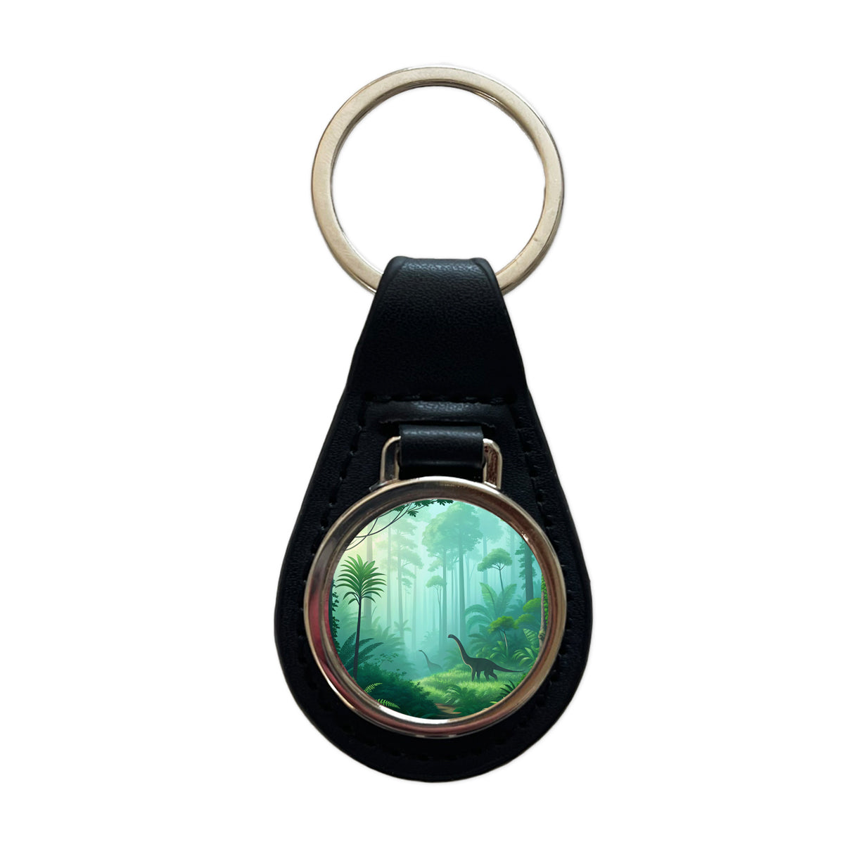Jurassic Jungle Dinosaurs Black Leather Metal Keychain