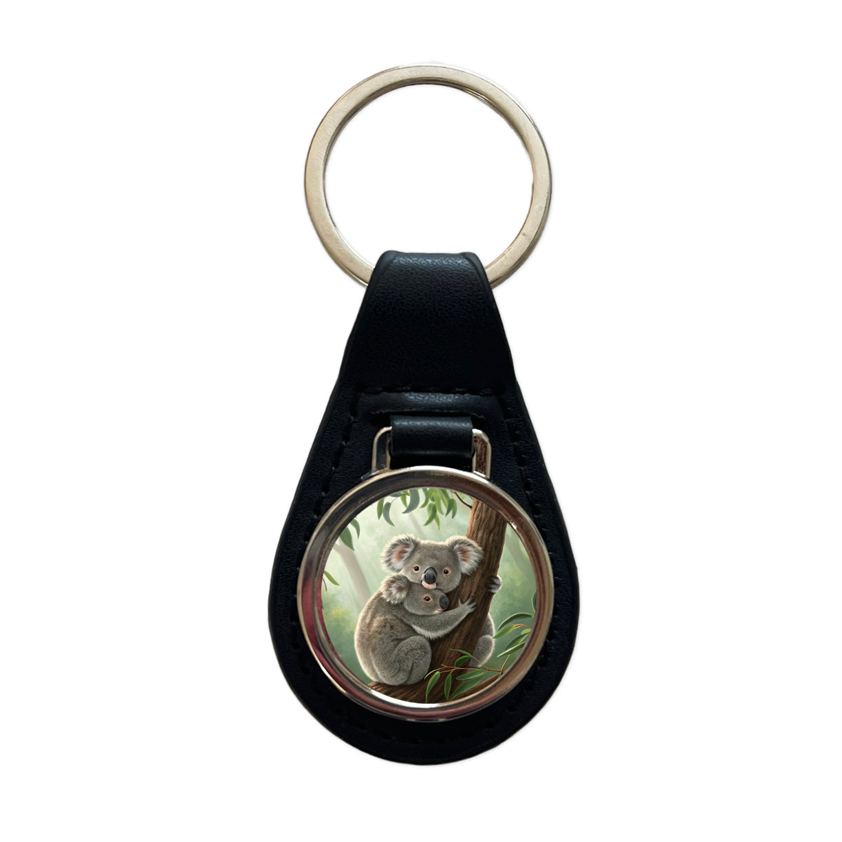 Koala Hug Mom Kid Black Leather Metal Keychain