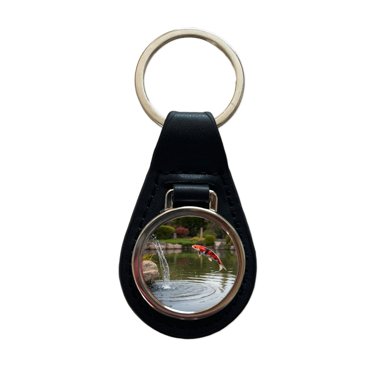 Koi Fish Jumping Out Of Pond Black Leather Metal Keychain