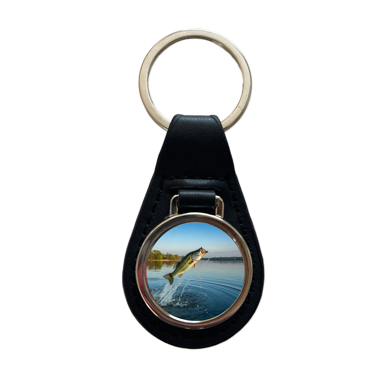 Largemouth Bass Fish Jumping Fishing Black Leather Metal Keychain