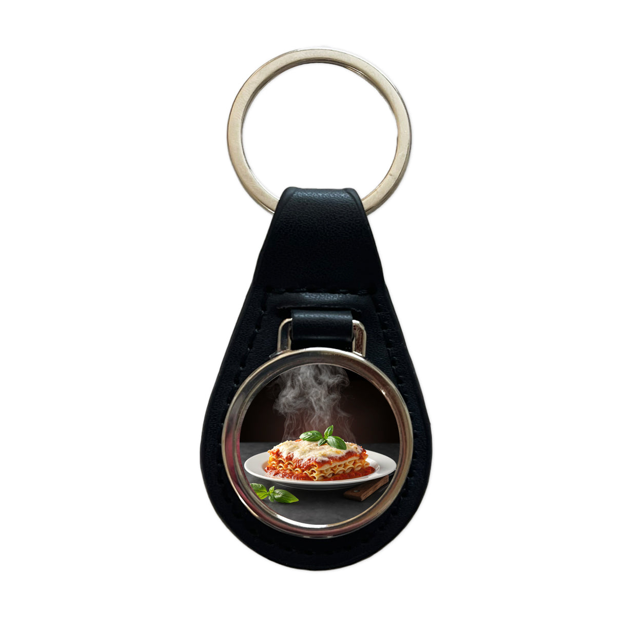 Lasagna Italian Pasta Black Leather Metal Keychain