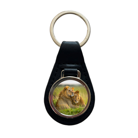 Lions Love Affection Black Leather Metal Keychain