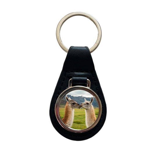 Llamas Kissing Love Black Leather Metal Keychain
