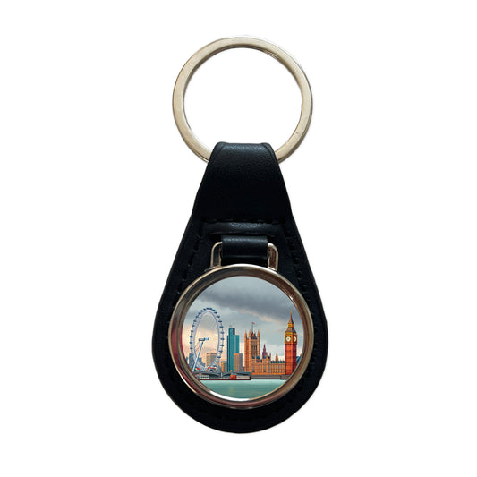 London England Big Ben Black Leather Metal Keychain