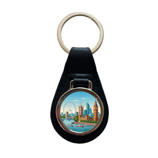 London England Drawing Travel Black Leather Metal Keychain