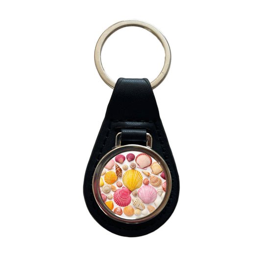 Lot Of Seashells Colorful Beautiful Black Leather Metal Keychain