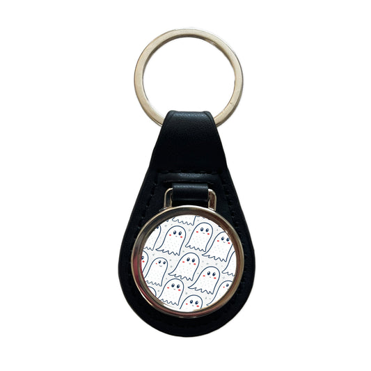 Lots Of Ghosts Halloween Black Leather Metal Keychain