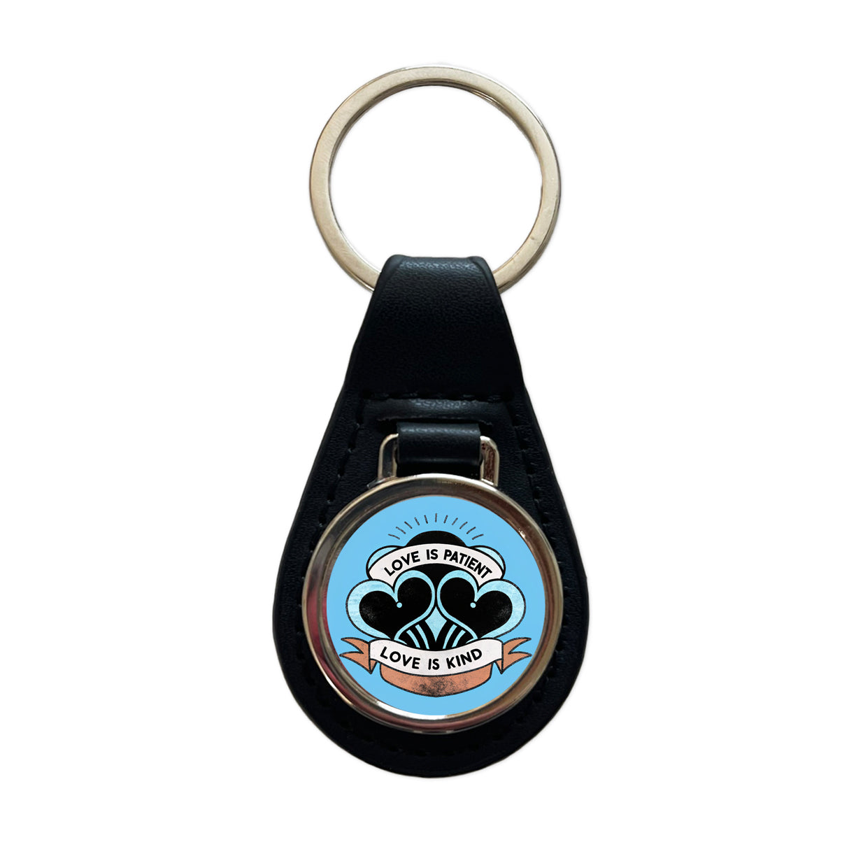 Love Is Patient Love Is Kind Bible Verse Black Leather Metal Keychain