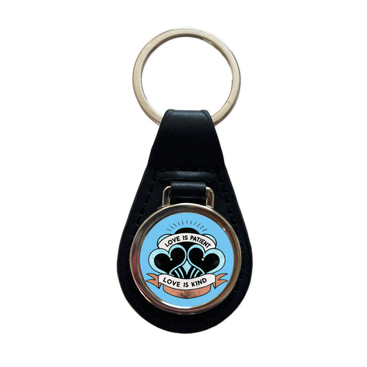 Love Is Patient Love Is Kind Bible Verse Black Leather Metal Keychain