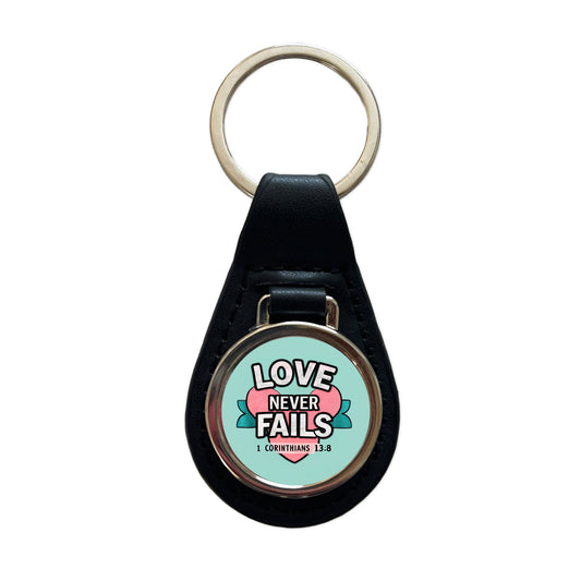 Love Never Fails Corinthians Bible Verse Black Leather Metal Keychain