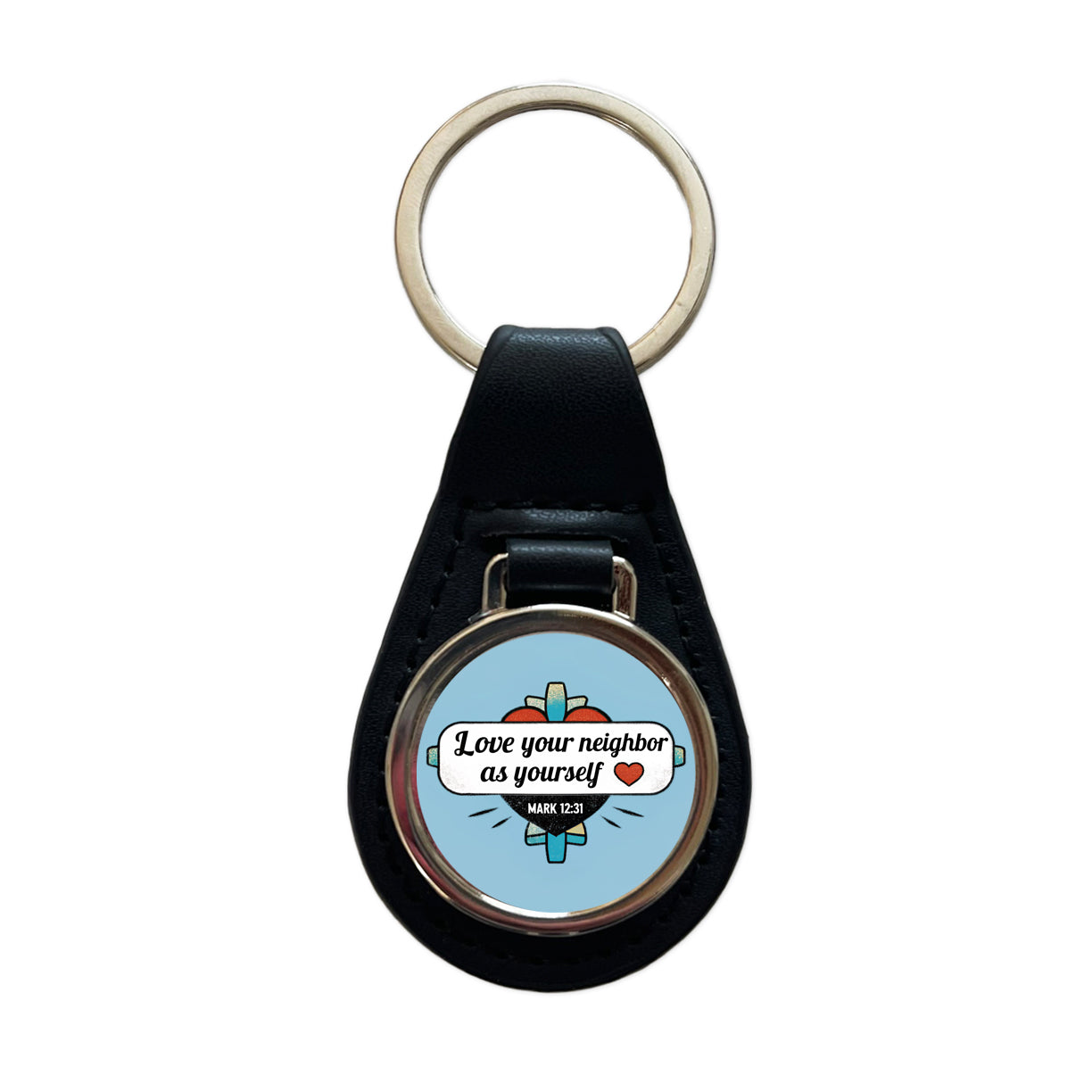 Love Your Neighbor As Yourself Mark Bible Verse Black Leather Metal Keychain