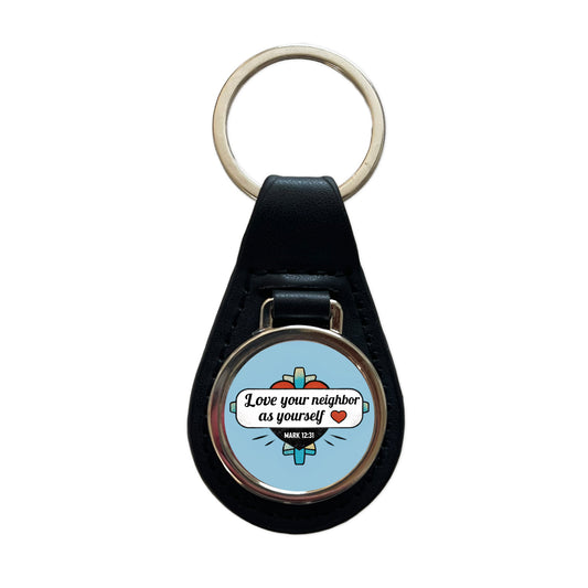 Love Your Neighbor As Yourself Mark Bible Verse Black Leather Metal Keychain