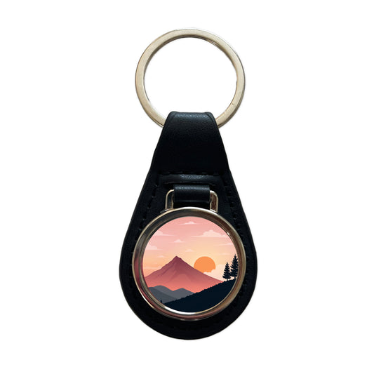 Lovely Mountain Sunset Black Leather Metal Keychain