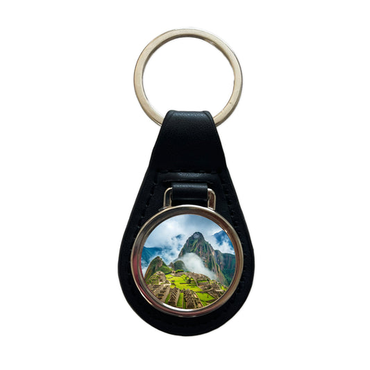 Machu Picchu Peru Travel Destination Black Leather Metal Keychain