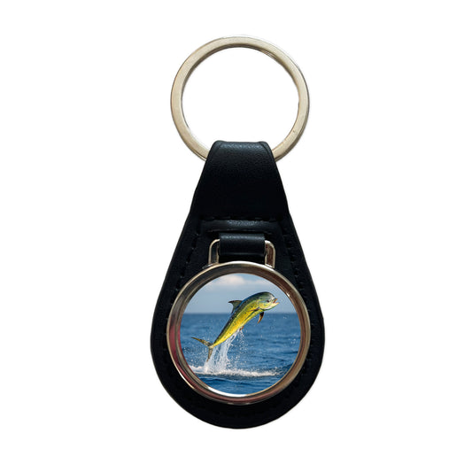 Mahi Mahi Fish Jumping Fishing Black Leather Metal Keychain