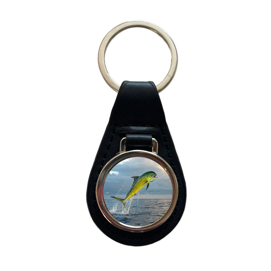 Mahi Mahi Fish Jumping Ocean Fishing Black Leather Metal Keychain
