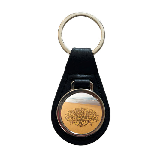 Mandala Pattern Beach Sand Black Leather Metal Keychain