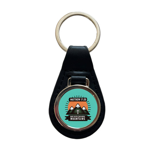 Matthew Our Faith Can Move Mountains Bible Verse Black Leather Metal Keychain