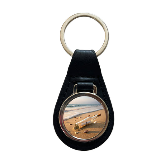 Message In A Bottle Beach Ocean Black Leather Metal Keychain