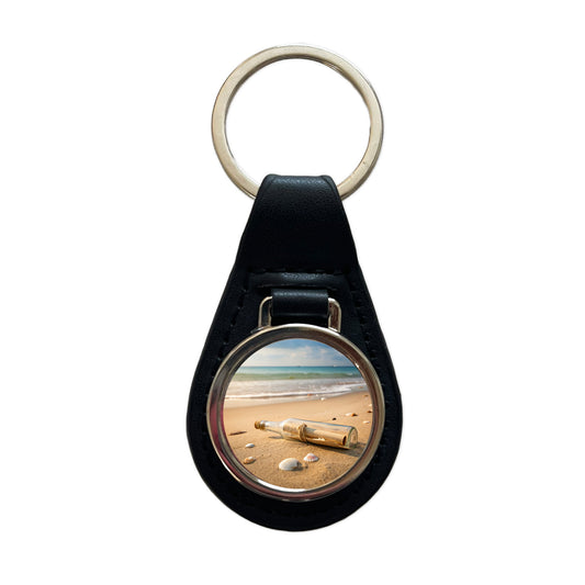 Message In A Bottle On Beach Black Leather Metal Keychain