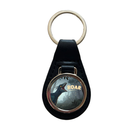 Microraptor Bold Roar Dinosaur Black Leather Metal Keychain