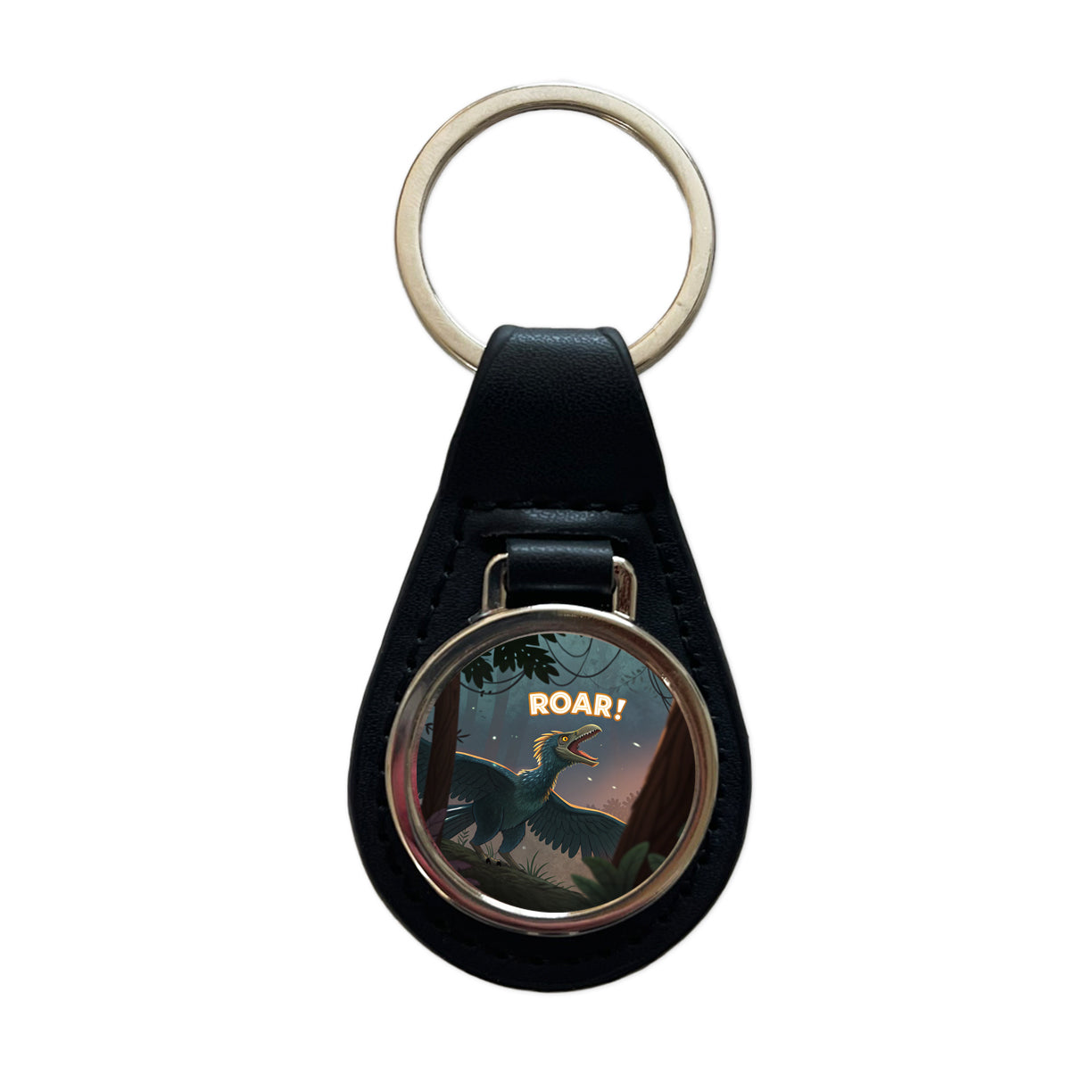 Microraptor Roar Dinosaur Black Leather Metal Keychain
