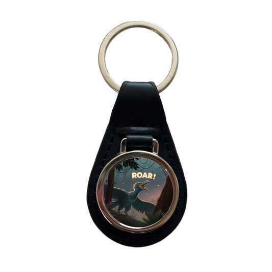Microraptor Roar Dinosaur Black Leather Metal Keychain