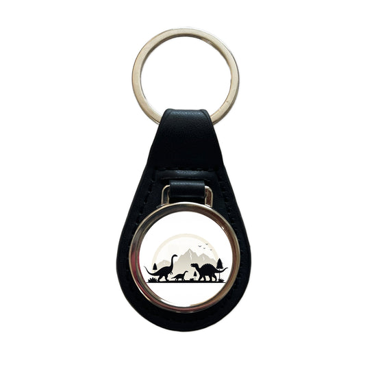Minimalist Dinosaur Silhouettes Black Leather Metal Keychain