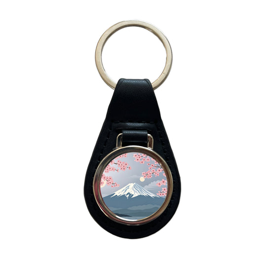 Mount Fuji Japan Drawing Cherry Blossoms Beautiful Black Leather Metal Keychain