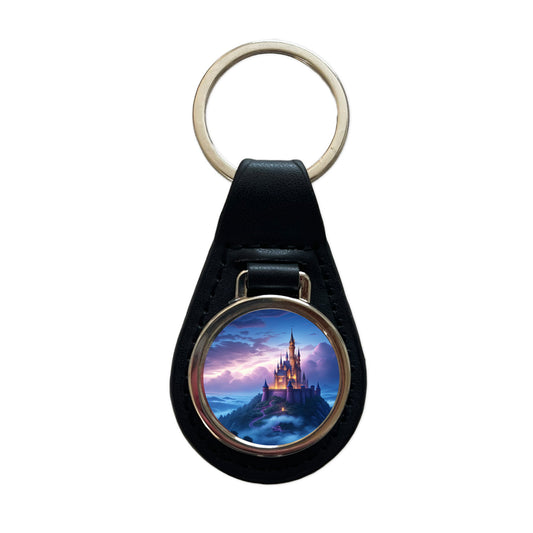 Mountaintop Castle Beautiful Fantasy Black Leather Metal Keychain