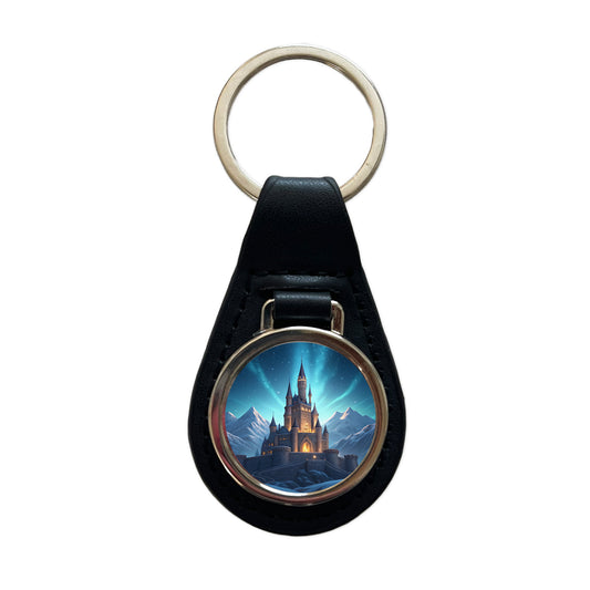 Mountaintop Castle Lights At Night Black Leather Metal Keychain