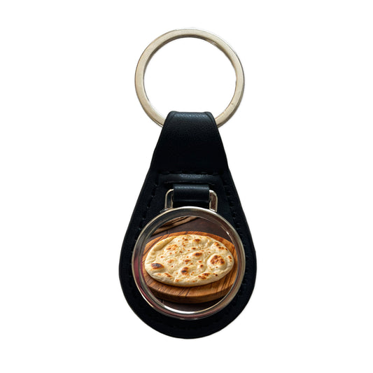 Naan Flatbread Black Leather Metal Keychain