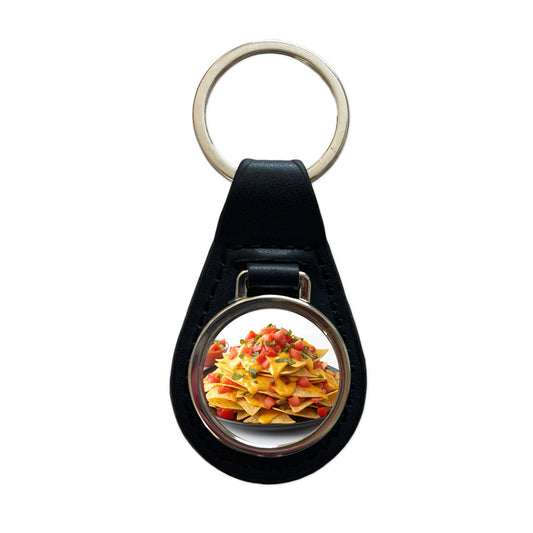 Nachos Plate Mexican Salsa Cheese Black Leather Metal Keychain