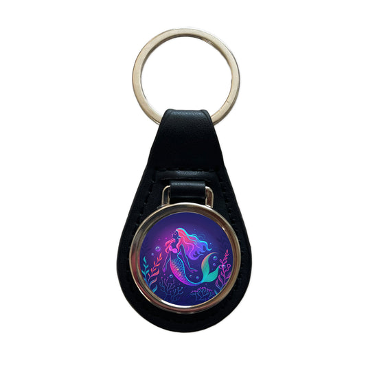 Neon Mermaid Beautiful Black Leather Metal Keychain