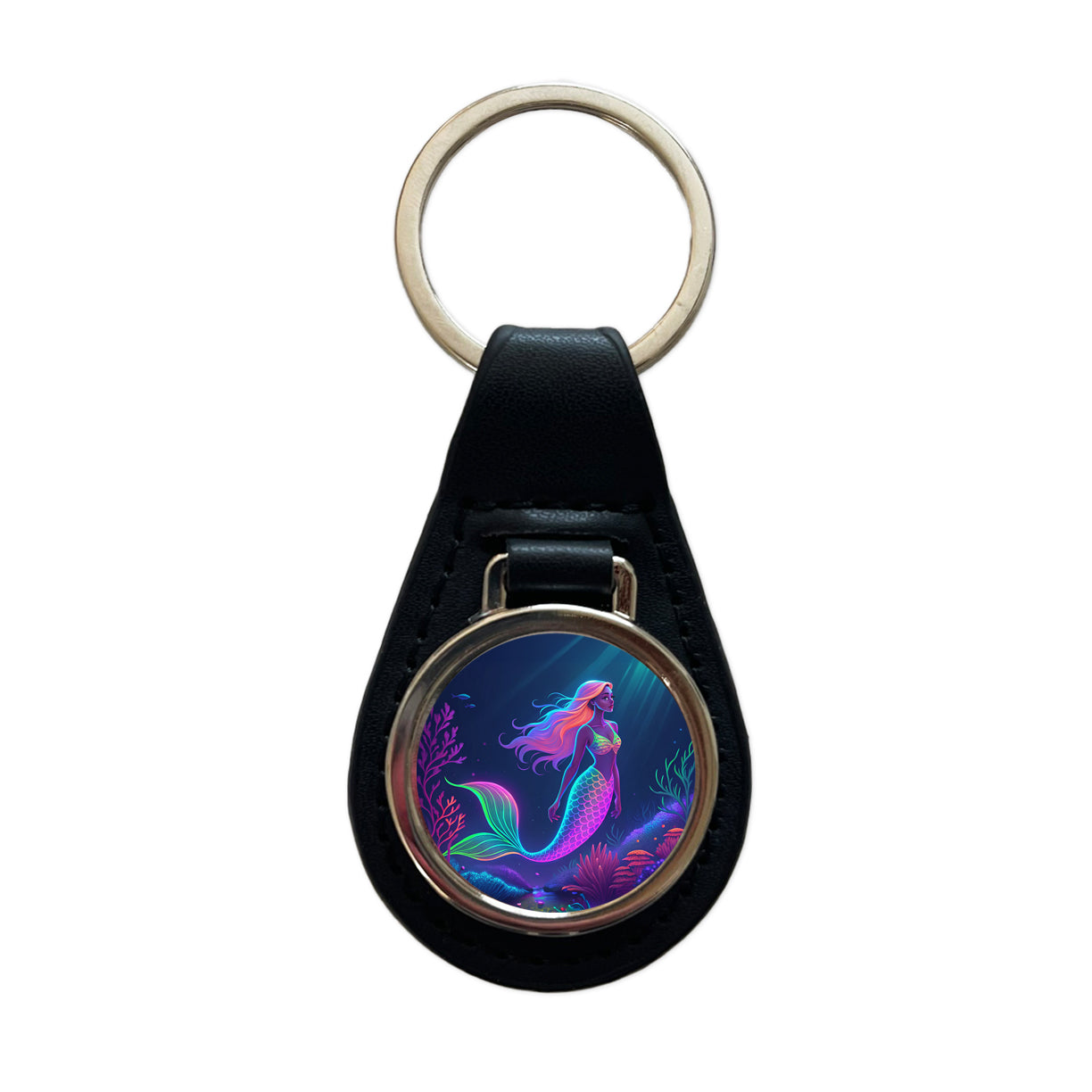 Neon Mermaid Ocean Black Leather Metal Keychain
