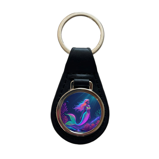 Neon Mermaid Ocean Black Leather Metal Keychain